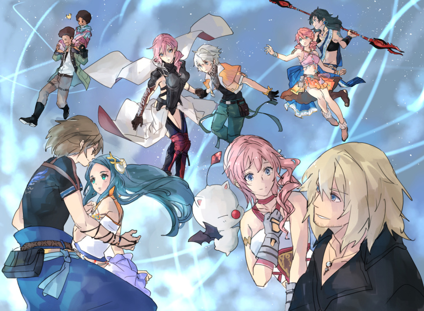 5boys, 5girls, afro, armor, bird, blonde_hair, chick, chocobo