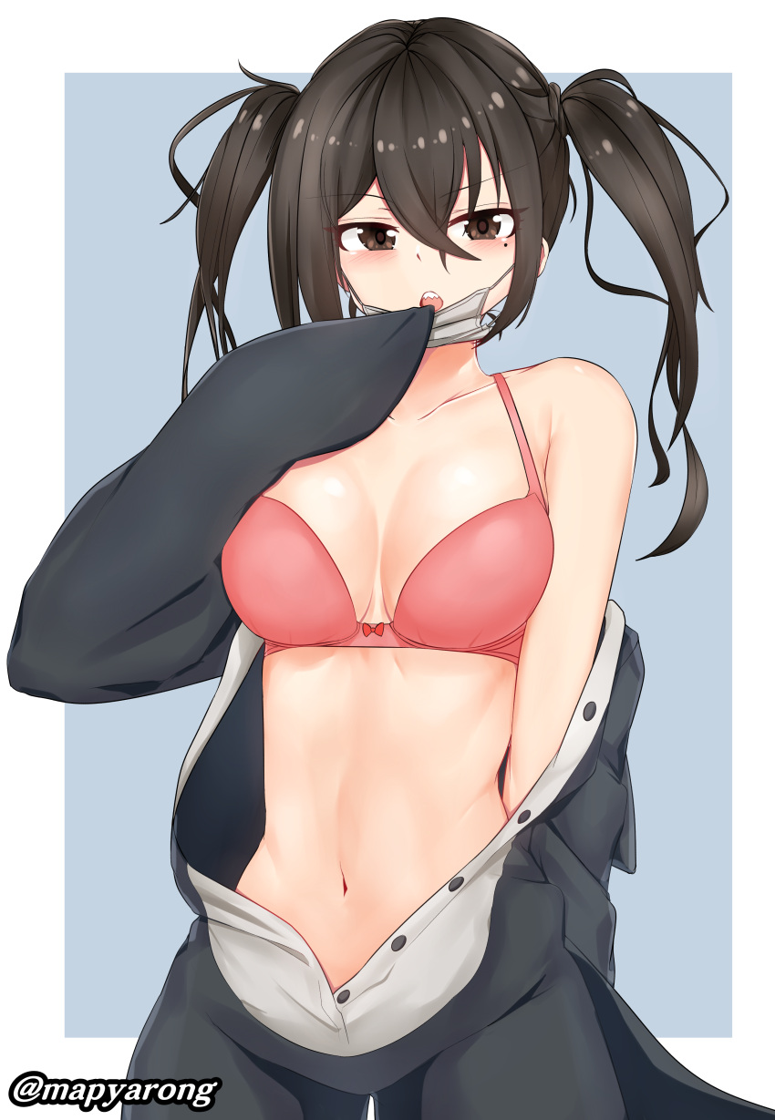 1girl, absurdres, bare_shoulders, black_hair, blush, bra, breasts, breasts_apart