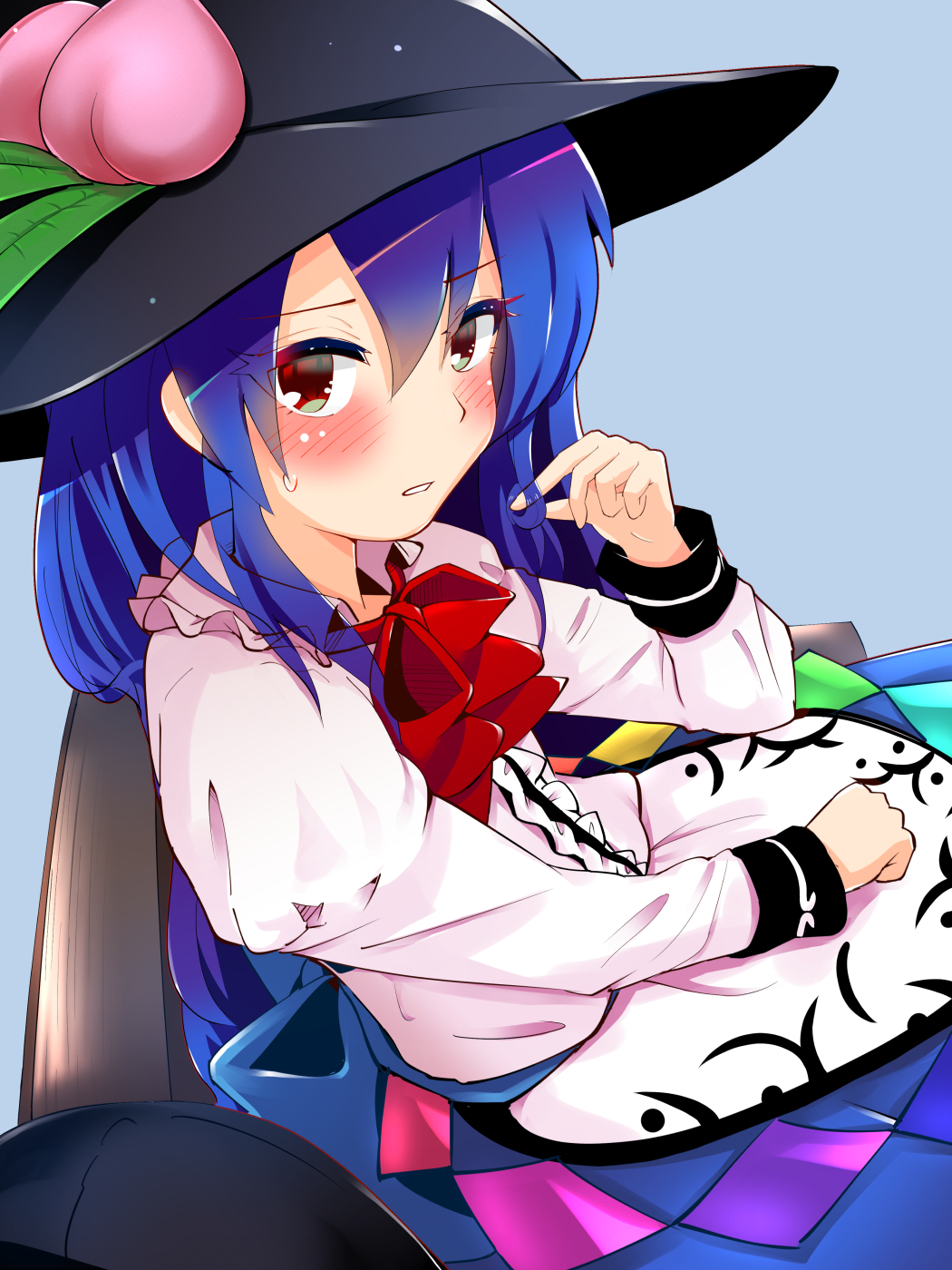 1girl, aqua_hair, blue_hair, blush, bow, commentary_request, embarrassed, eyebrows_visible_through_hair