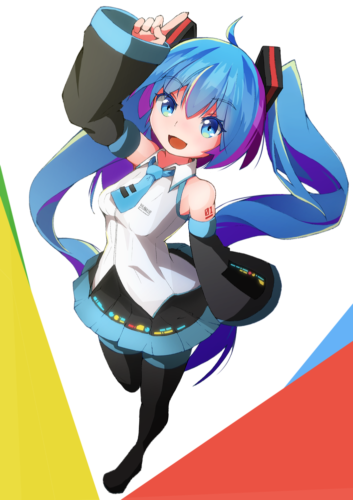 1girl, :d, ahoge, arm_up, bangs, black_legwear, black_skirt, black_sleeves
