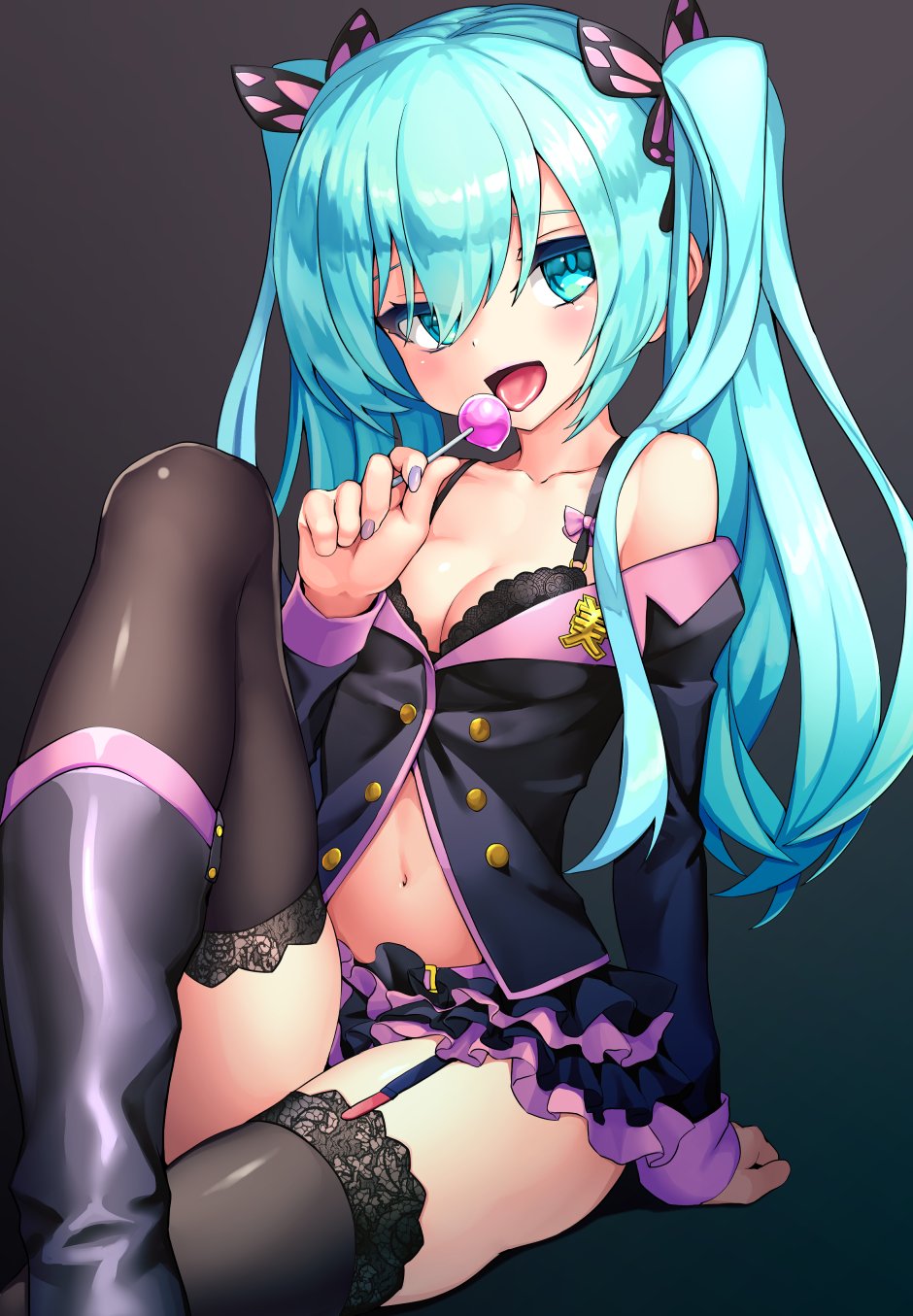 1girl, animal_ears, aqua_hair, arm_at_side, bangs, bare_shoulders, black_bra, black_footwear