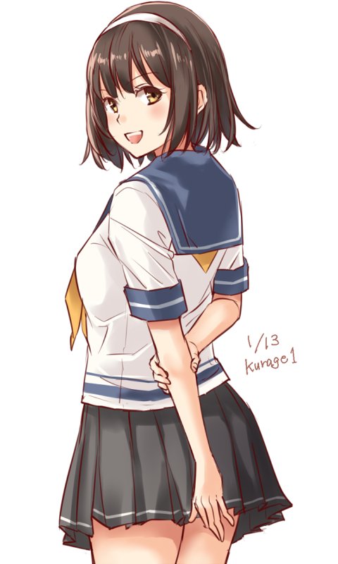 1girl, black_hair, black_skirt, blouse, blush, brown_eyes, hairband, kantai_collection, kurage1, looking_at_viewer, neckerchief, open_mouth, pleated_skirt, school_uniform, serafuku, short_hair, short_sleeves, skirt, solo, swimsuit, tanikaze_(kantai_collection), white_background, white_blouse, white_hairband