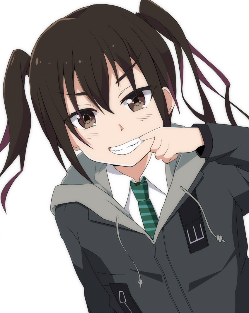 1girl, bangs, black_jacket, blush, brown_eyes, brown_hair, collared_shirt, drawstring
