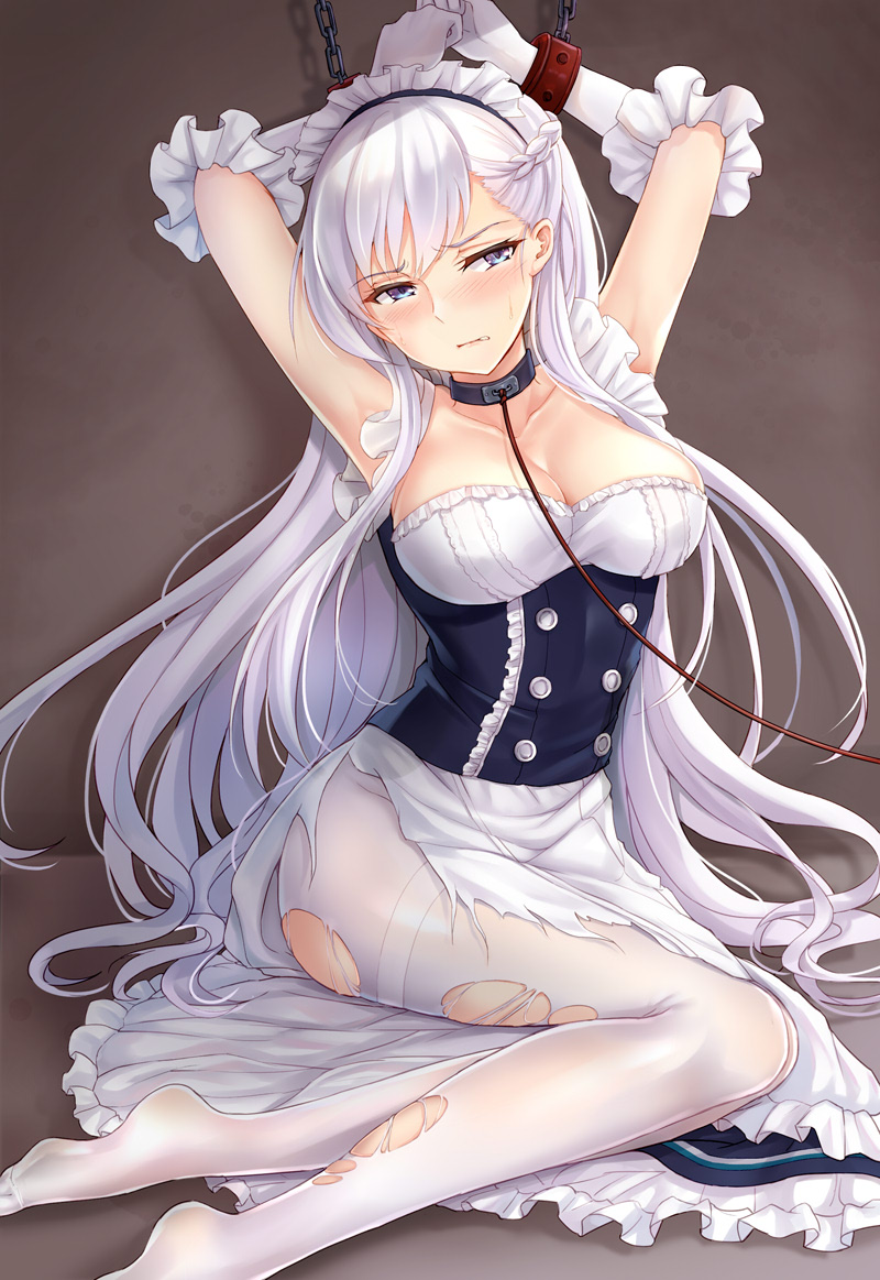 1girl, apron, armpits, arms_up, azur_lane, bangs, bdsm, belfast_(azur_lane)