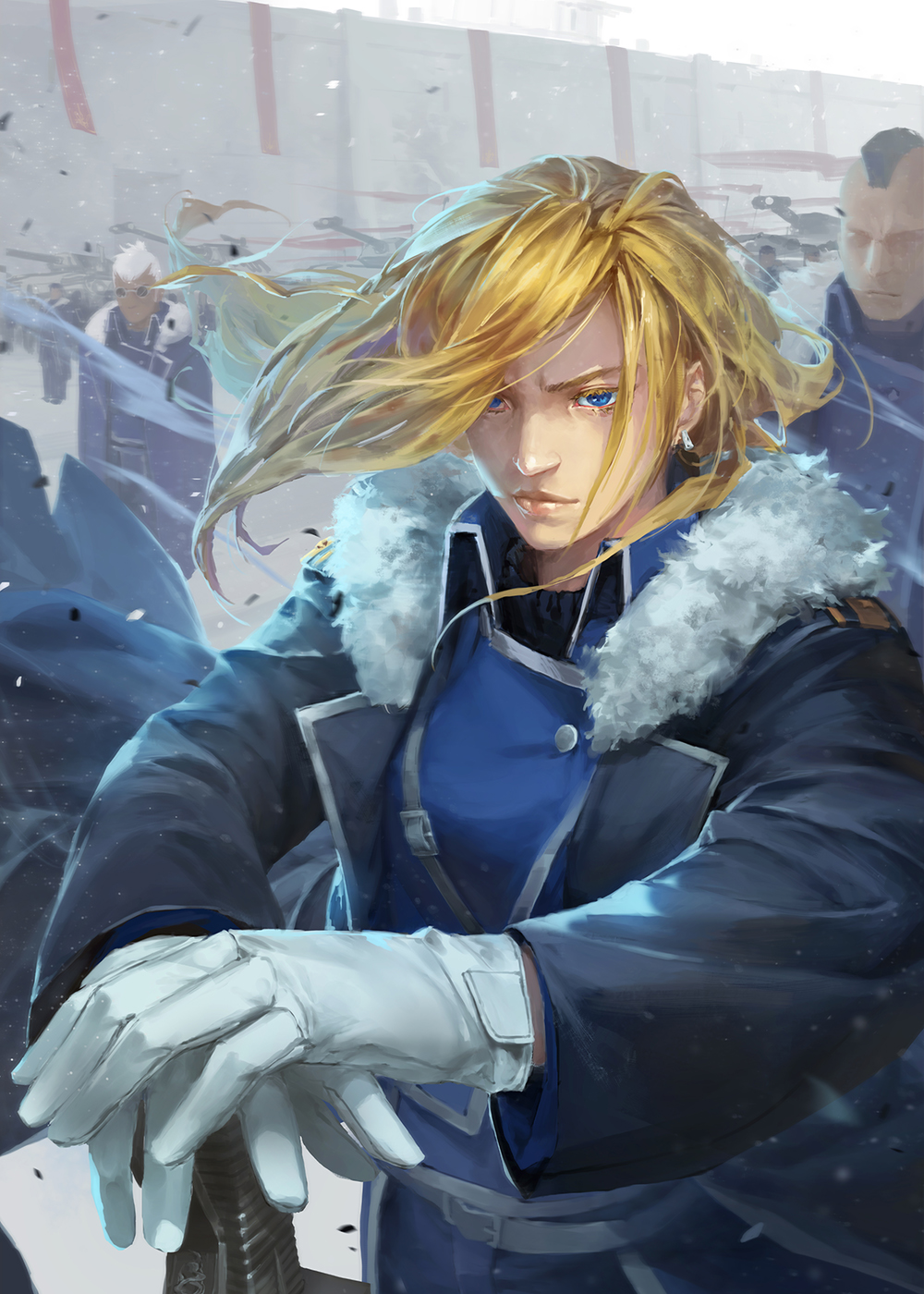 1girl, baraba_baba, blonde_hair, blue_eyes, buccaneer_(fma), coat, colored_eyelashes, fullmetal_alchemist, fur-trimmed_coat, fur_trim, hair_over_one_eye, highres, lips, long_hair, miles_(fma), military, military_uniform, moai, multiple_boys, olivier_mira_armstrong, planted_sword, planted_weapon, sword, uniform, weapon, white_hair, wind, wind_lift