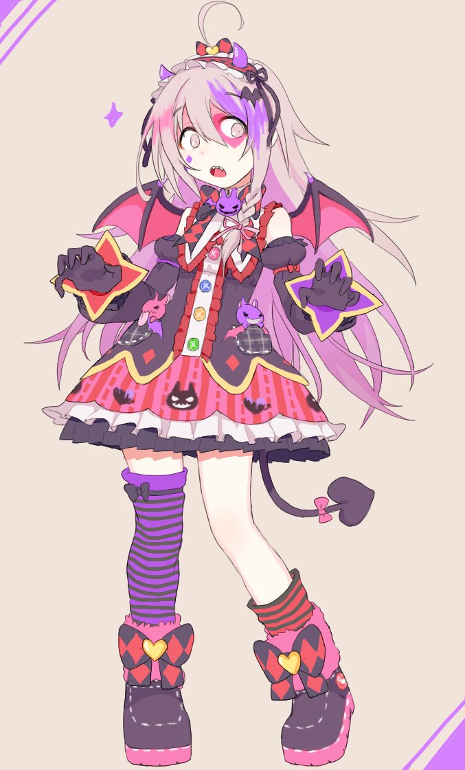 1girl, :o, a_ichi, ahoge, argyle_bow, asymmetrical_legwear, bangs, bat_hair_ornament