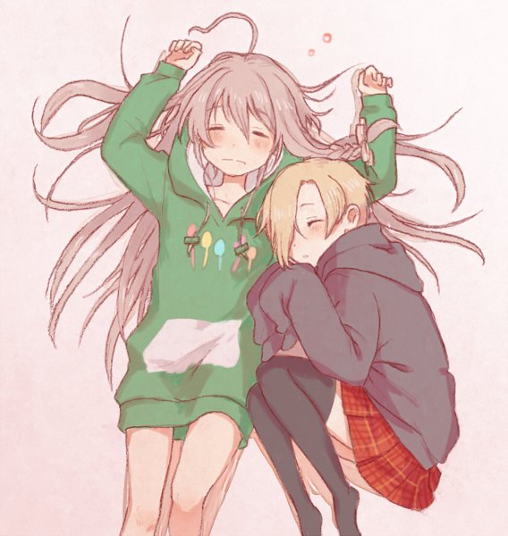 2girls, a_ichi, ahoge, arms_up, asymmetrical_hair, bangs, bare_legs, black_hoodie