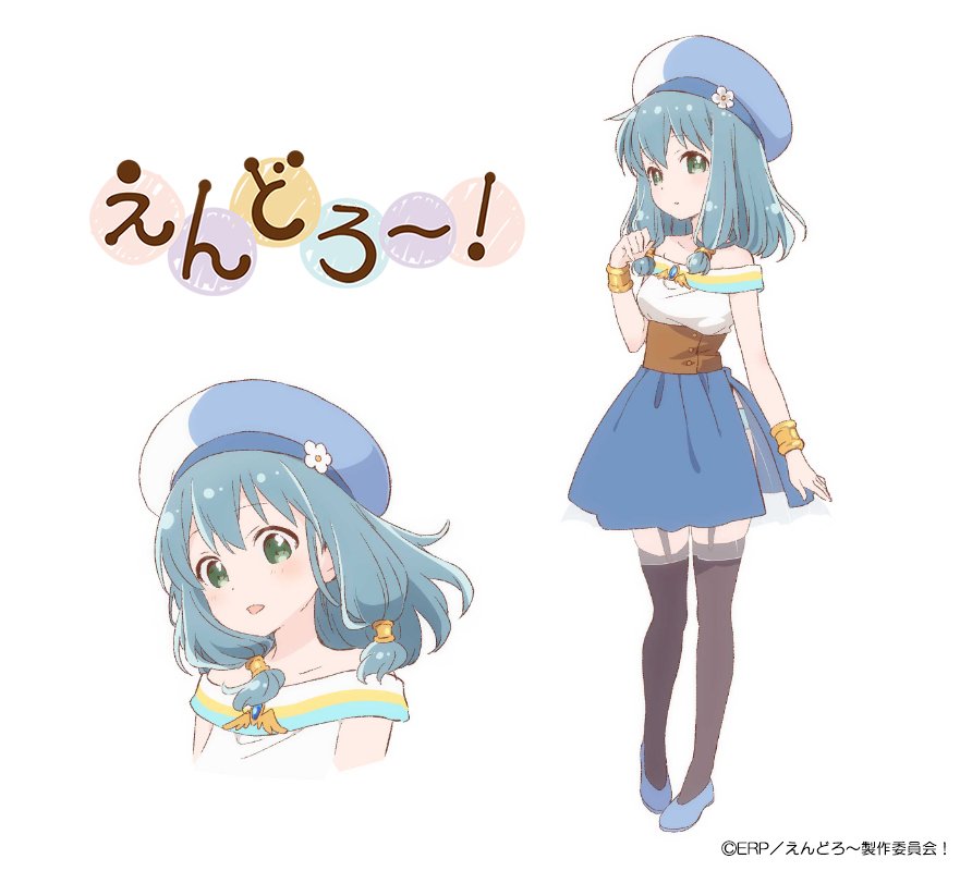 1girl, bare_shoulders, black_legwear, blue_brooch, blue_footwear, blue_hat, blue_panties, blue_skirt, bracelet, breasts, brooch, character_sheet, collarbone, commentary_request, company_name, endro!, eyebrows_visible_through_hair, flower, flower_hat, garter_straps, gold_bracelet, green_eyes, hair_between_eyes, hat, iizuka_haruko, jewelry, layered_skirt, light_blue_hair, logo, looking_at_viewer, medium_breasts, medium_hair, meiza_endust, official_art, open_mouth, panties, panty_peek, parted_lips, pigeon-toed, print_shirt, shiny, shiny_hair, shirt, shots, simple_background, skirt, sleeveless, sleeveless_shirt, standing, thigh-highs, tongue, transparent_skirt, underwear, watermark, white_background, white_flower, white_hat, white_shirt