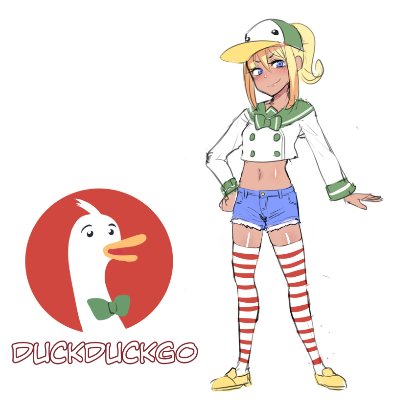 1girl, absurdres, baseball_cap, blonde_hair, blue_eyes, bow, bowtie, dark_skin, duckduckgo, full_body, green_neckwear, green_sailor_collar, hand_on_hip, hat, highres, hinghoi, long_sleeves, looking_at_viewer, midriff, navel, original, personification, ponytail, sailor_collar, shoes, shorts, simple_background, smile, standing, striped, striped_legwear, thigh-highs, white_background, yellow_footwear