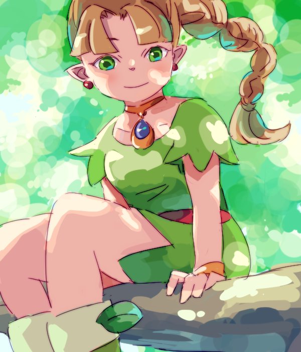 1girl, blonde_hair, breasts, commentary_request, dress, earrings, fairy, green_eyes