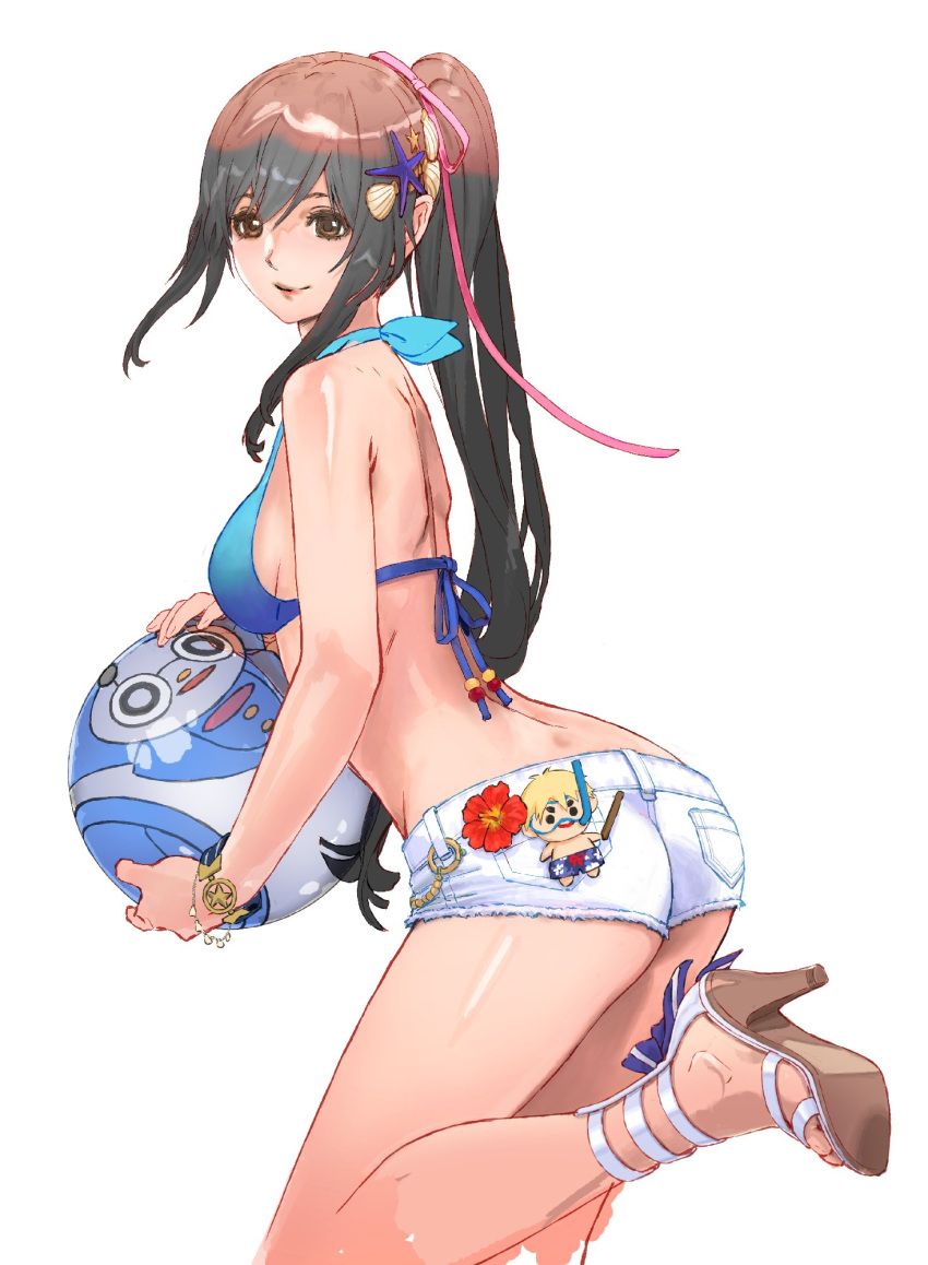 1girl, ass, black_hair, breasts, brown_eyes, brown_hair, commentary_request, edge_maverick, gloves, groin, high_heels, highres, long_hair, looking_at_viewer, medium_breasts, multicolored_hair, ponytail, saionji_reimi, shorts, sideboob, smile, solo, star, star_ocean, star_ocean_the_last_hope, swimsuit, yasuda_akira