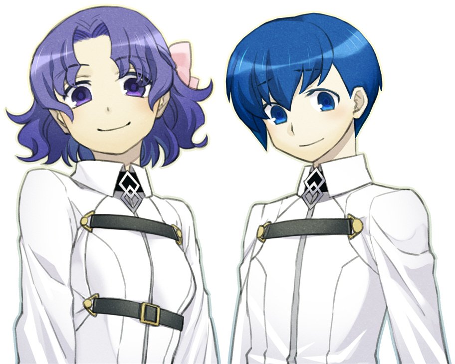 1boy, 1girl, blue_eyes, blue_hair, bow, chaldea_uniform, closed_mouth, fate/grand_order