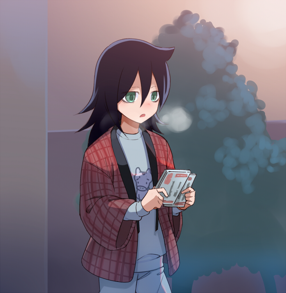 1girl, bags_under_eyes, black_hair, breath, d:, green_eyes, hakka0320, hanten_(clothes)