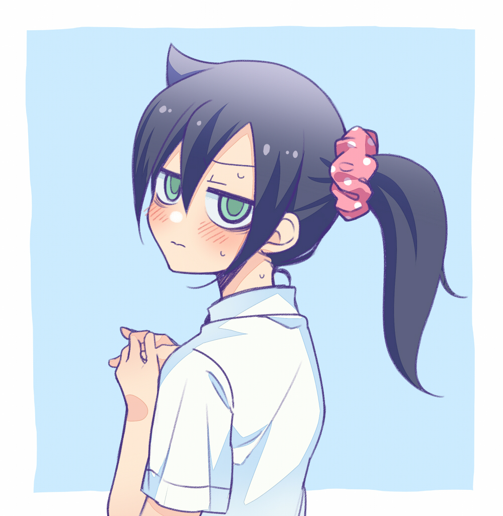 1girl, 3:, alternate_hairstyle, blue_background, blush, dress_shirt, from_side, hair_ornament
