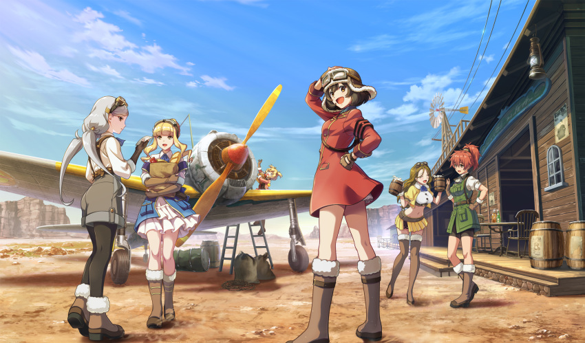 6+girls, aircraft, airplane, bag, bangs, barrel, belt, bike_shorts