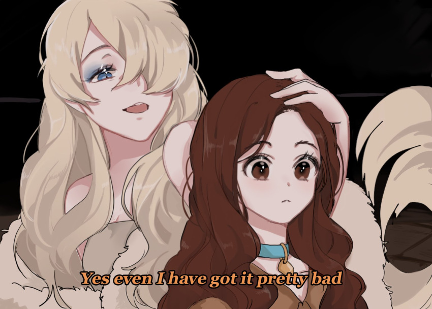 blonde_hair, blue_eyes, brown_dress, brown_eyes, brown_hair, collar, disney, dog_collar, dog_tail, dress, english_text, hair_over_one_eye, half-closed_eyes, hand_on_another's_head, humanization, korean_commentary, lady_(disney), lady_and_the_tramp, light_frown, makeup, mascara, open_mouth, parted_lips, peg_(disney), smile, tail, tuyam_(pixxcc), wavy_hair