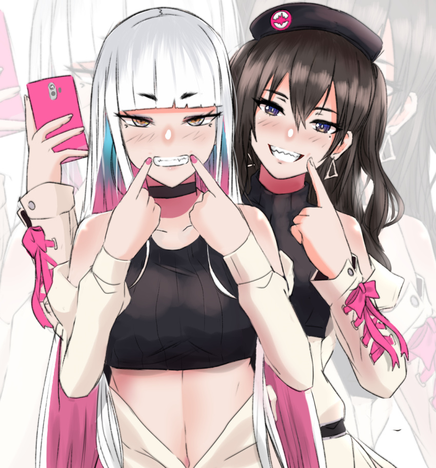 2girls, :d, bangs, bare_shoulders, black_choker, black_hair, black_hat, blunt_bangs