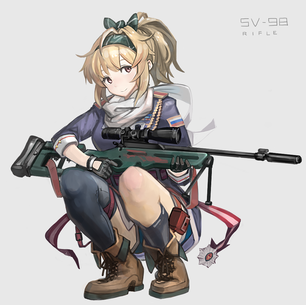 1girl, blonde_hair, blue_shirt, brown_footwear, commentary_request, full_body, girls_frontline, gloves