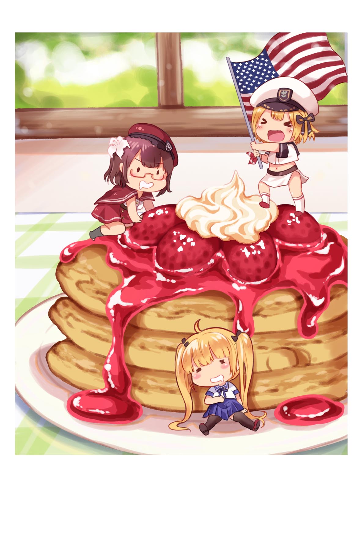 3girls, america, american_flag, bangs, black_bow, black_ribbon, blonde_hair, blue_skirt