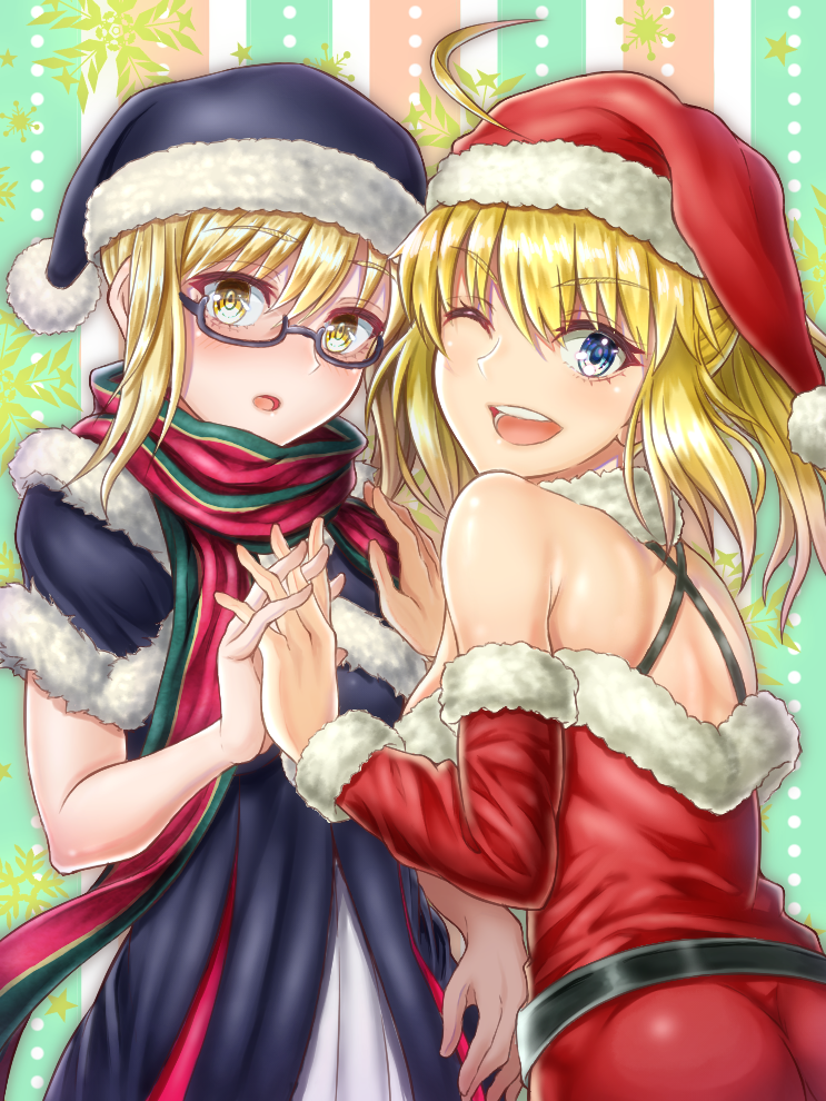 2girls, :o, ;d, ahoge, artoria_pendragon_(all), ass, belt, black-framed_eyewear