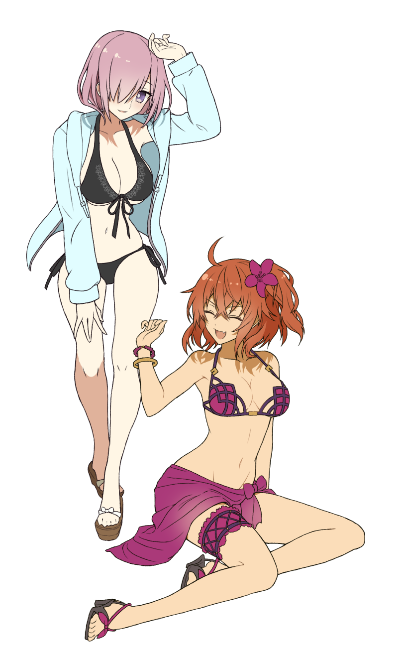 2girls, :d, ^_^, ahoge, alternate_costume, arm_support, arm_up, armpits