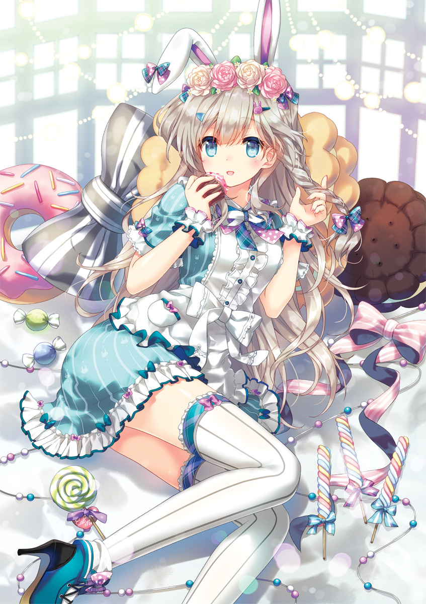 1girl, :d, animal_ears, apron, blue_dress, blue_eyes, blue_footwear, blush