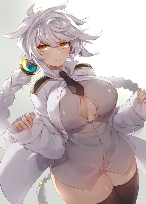 1girl, admiral_(kantai_collection), admiral_(kantai_collection)_(cosplay), alternate_costume, black_neckwear, blouse, blush, braid
