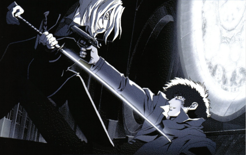 battle, coat, cowboy_bebop, gun, monochrome, spike_spiegel, sword, vicious_(cowboy_bebop)