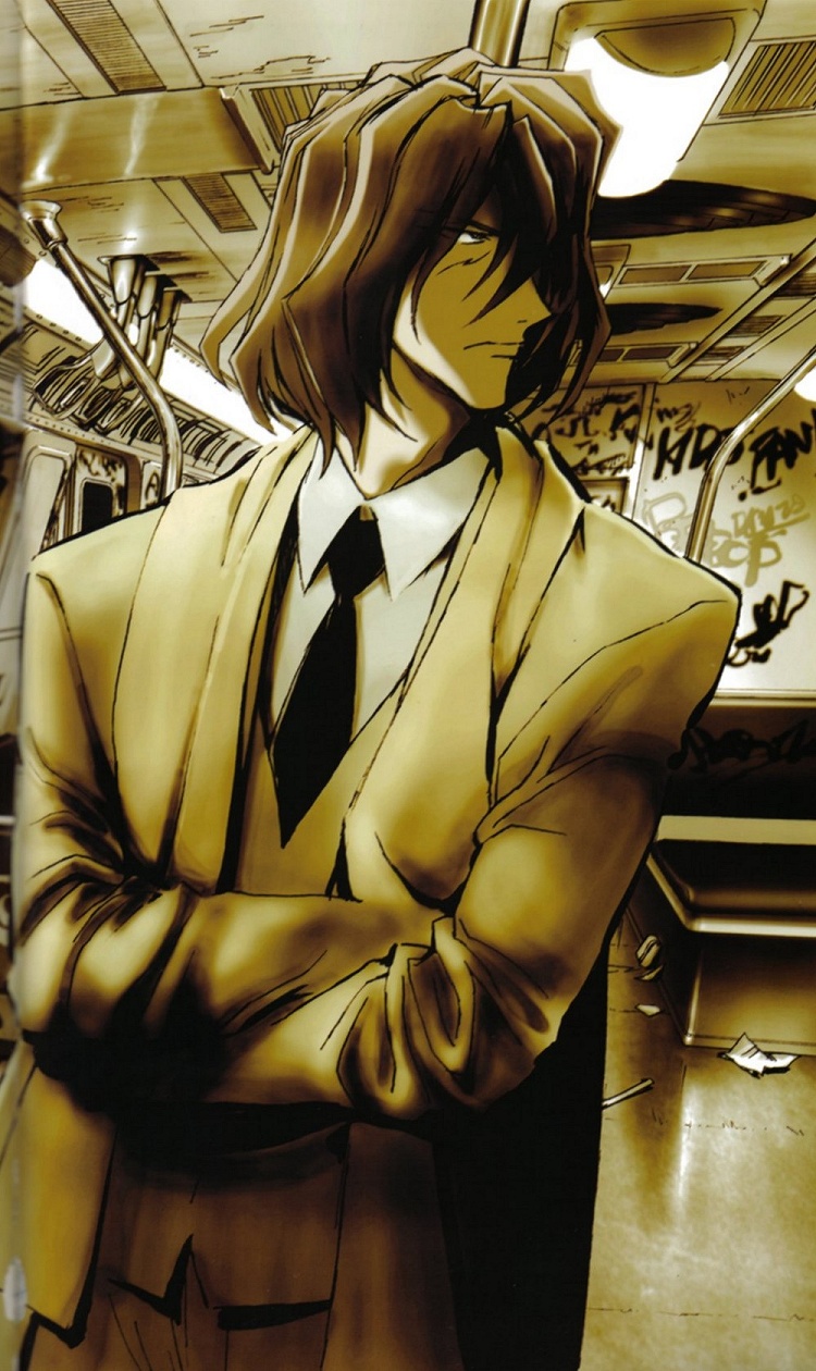 cowboy_bebop, crossed_arms, formal, graffiti, highres, male, monochrome, necktie