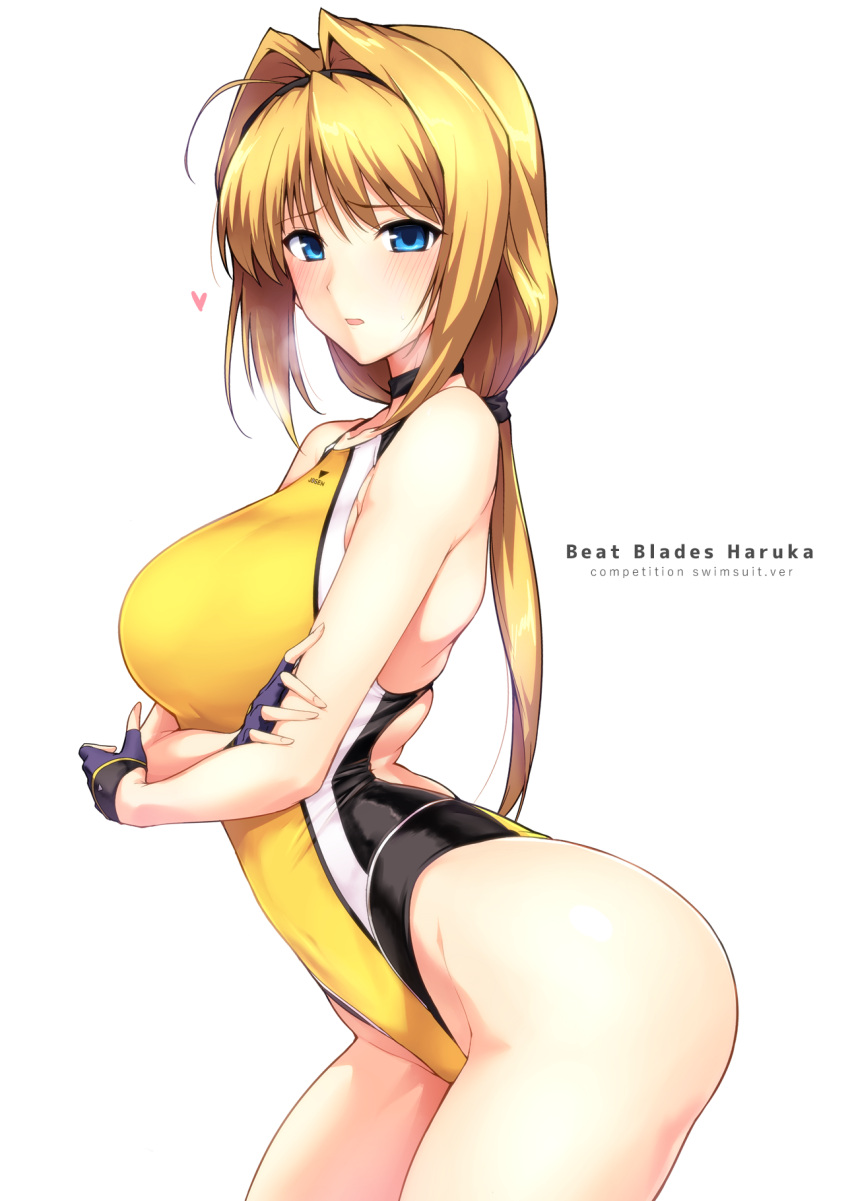 1girl, ahoge, blonde_hair, blue_eyes, breast_hold, breasts, breath, choker