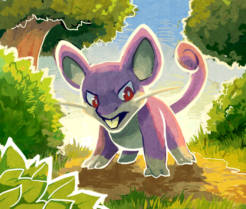blue_sky, brown_eyes, bush, creature, creatures_(company), day, full_body, game_freak, gen_1_pokemon, grass, mouse, nature, nintendo, no_humans, outdoors, pokemon, pokemon_(creature), rattata, serious, sky, solo, standing, teeth, thumpleweed, tree