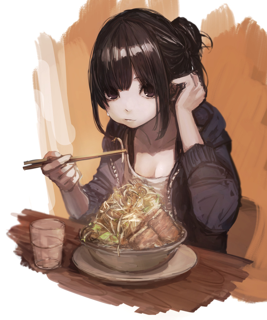1girl, absurdres, adjusting_hair, bangs, black_eyes, black_hair, black_jacket, bowl