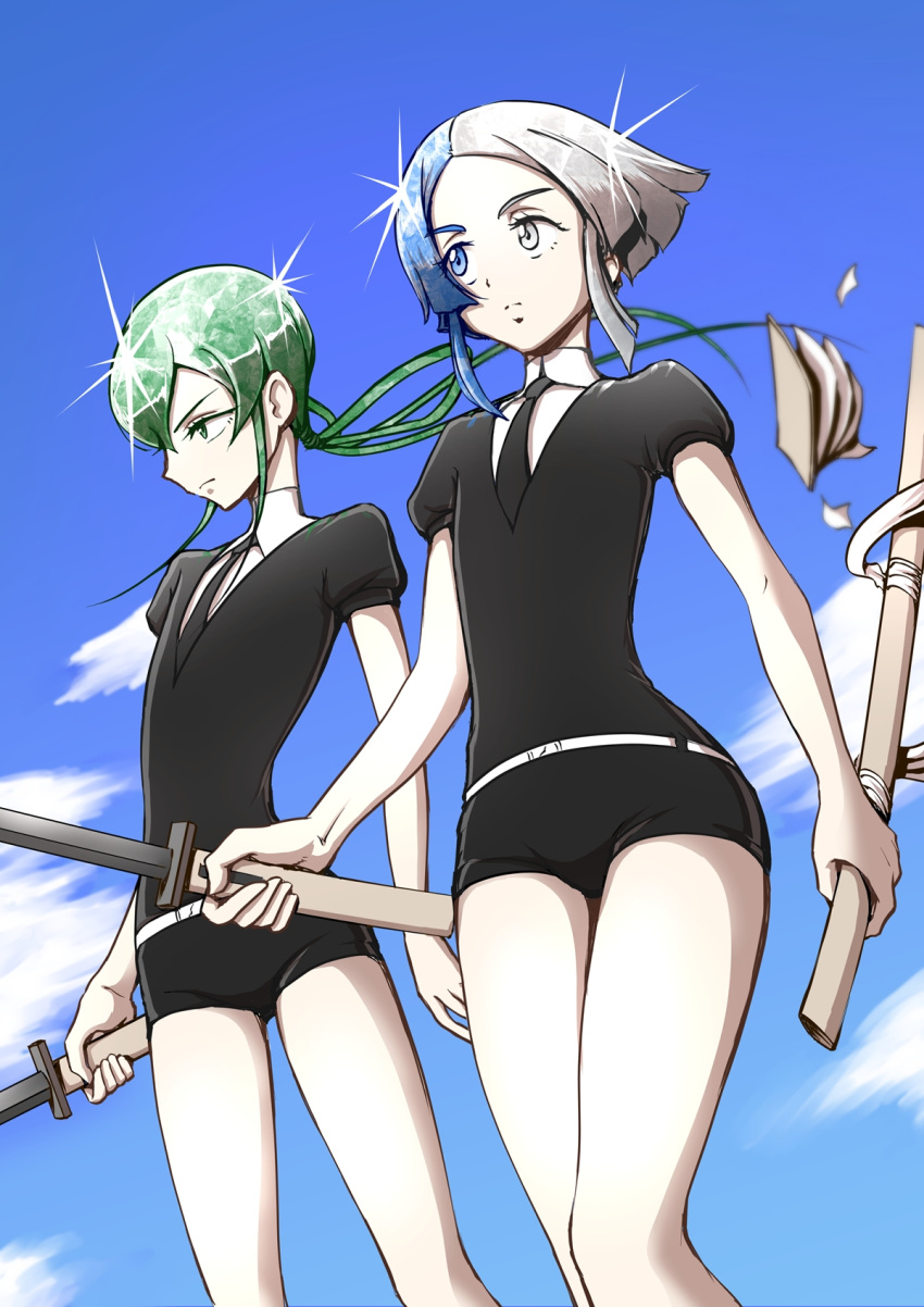2others, androgynous, black_neckwear, black_shorts, blue_eyes, blue_hair, blue_sky, closed_mouth, collared_shirt, crystal_hair, euclase_(houseki_no_kuni), gem_uniform_(houseki_no_kuni), gleam, green_eyes, green_hair, heterochromia, highres, hokuroryuseigun, houseki_no_kuni, jade_(houseki_no_kuni), long_hair, multicolored_hair, multiple_others, necktie, puffy_short_sleeves, puffy_sleeves, shirt, short_hair, short_shorts, short_sleeves, shorts, sky