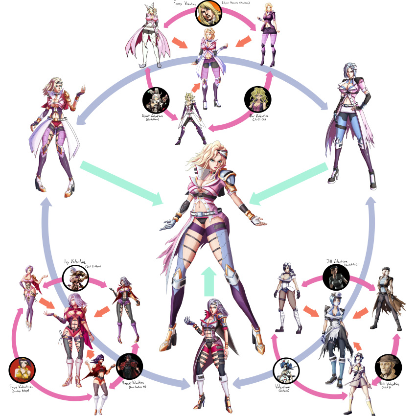 3boys, 6+girls, absurdres, ahoge, android, armor, black_hair, black_neckwear, blonde_hair, blue_eyes, bodysuit, bouquet, breasts, bridal_veil, brown_hair, bustier, cape, cigarette, clawed_gauntlets, cleavage, cleavage_cutout, clothes_around_waist, clover, commentary, cowboy_bebop, cravat, crossover, curly_hair, detached_sleeves, dirge_of_cerberus_final_fantasy_vii, earrings, elphelt_valentine, english_commentary, eyepatch, fallout_3, faye_valentine, final_fantasy, final_fantasy_vii, fingerless_gloves, flower, four-leaf_clover, funny_valentine, fusion, gauntlets, gloves, guilty_gear, guilty_gear_xrd, hair_over_one_eye, hairband, hat, headband, hetero, hexafusion, highres, huge_ahoge, huge_breasts, huge_filesize, isabella_valentine, jacket, jewelry, jill_valentine, jojo_no_kimyou_na_bouken, kujaku_mai, large_breasts, lips, lipstick, long_hair, long_sleeves, makeup, multiple_boys, multiple_girls, necktie, nick_valentine, nurse, nurse_cap, pale_skin, pauldrons, pencil_skirt, pillowwasp, puffy_long_sleeves, puffy_sleeves, purple_hair, purple_legwear, purple_lipstick, red_cross, red_eyes, resident_evil, revealing_clothes, rose, saw, scalpel, short_hair, single_gauntlet, skirt, skullgirls, smile, soul_calibur, spikes, steel_ball_run, surgical_mask, sweater_around_waist, sword, thigh-highs, under_boob, valentine_(skullgirls), veil, vincent_valentine, violet_eyes, weapon, whip, whip_sword, white_hair, yu-gi-oh!