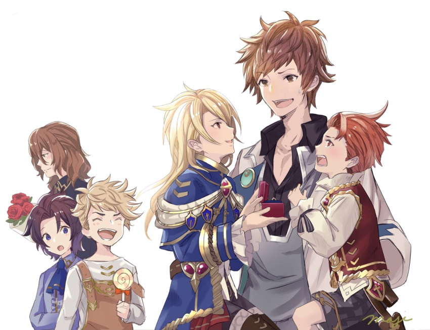5boys, aglovale_(granblue_fantasy), black_hair, blonde_hair, bouquet, candy, child, crying