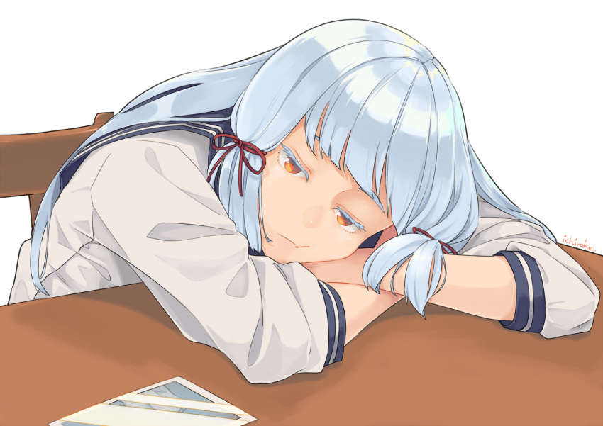 1girl, bangs, chair, crossed_arms, desk, eyebrows_visible_through_hair, hair_ribbon, half-closed_eyes