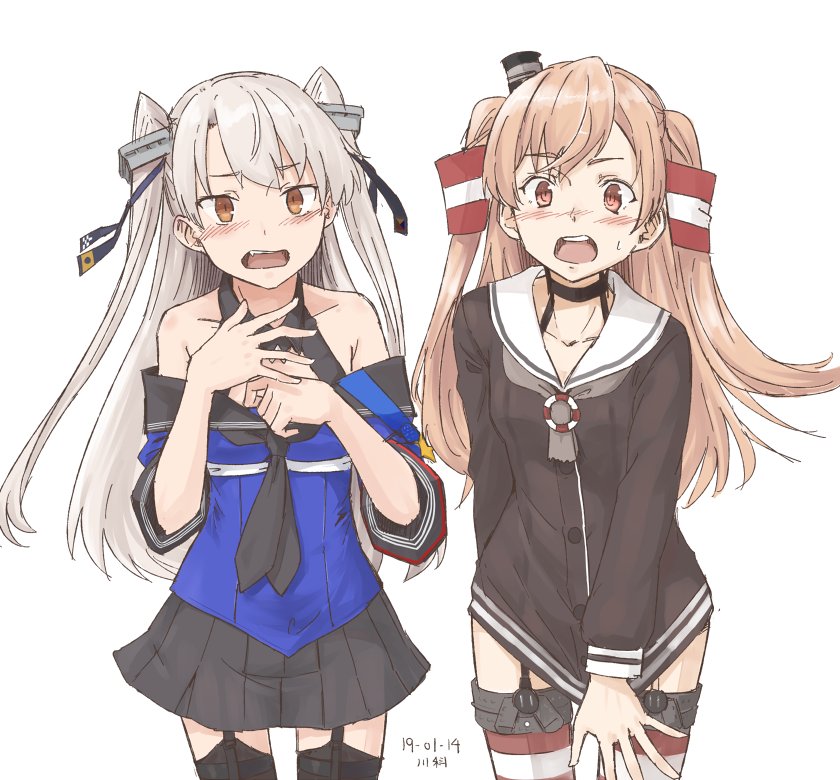 2girls, amatsukaze_(kantai_collection), amatsukaze_(kantai_collection)_(cosplay), artist_name, black_legwear, black_skirt, blue_shirt, breasts
