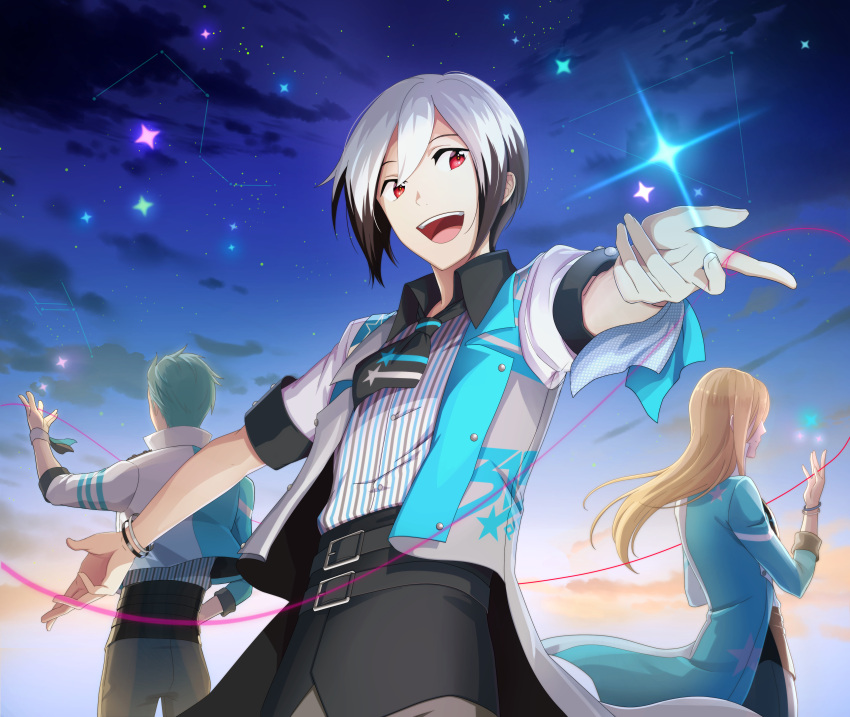 3boys, absurdres, black_hair, blue_hair, constellation, highres, idol, idolmaster