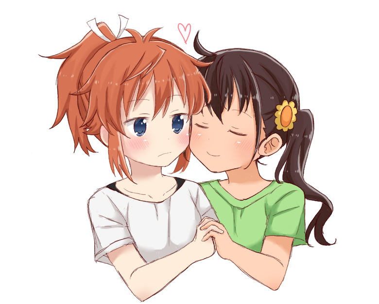 2girls, bangs, blue_eyes, blush, brown_hair, closed_eyes, closed_mouth, commentary_request