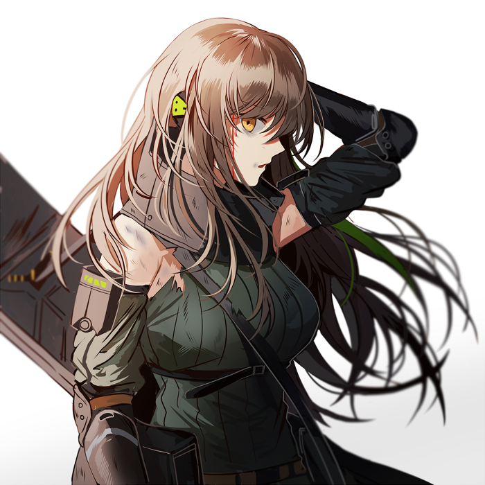 1girl, arm_guards, armband, bangs, blood, breasts, brown_hair, bruise