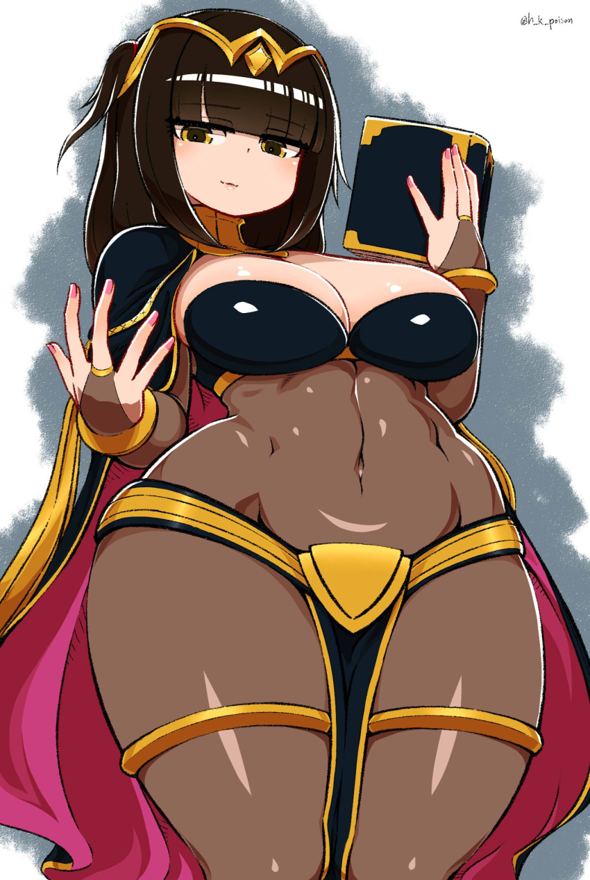 1girl, bangs, black_hair, blunt_bangs, bodystocking, bodysuit, book, bracelet, breasts, bridal_gauntlets, cape, circlet, cleavage, covered_navel, eyebrows_visible_through_hair, fire_emblem, fire_emblem:_kakusei, haku_hakujou_daimaou, highres, jewelry, looking_at_viewer, nail_polish, nintendo, pink_nails, short_hair, simple_background, skin_tight, smirk, solo, tharja, tiara, yellow_eyes