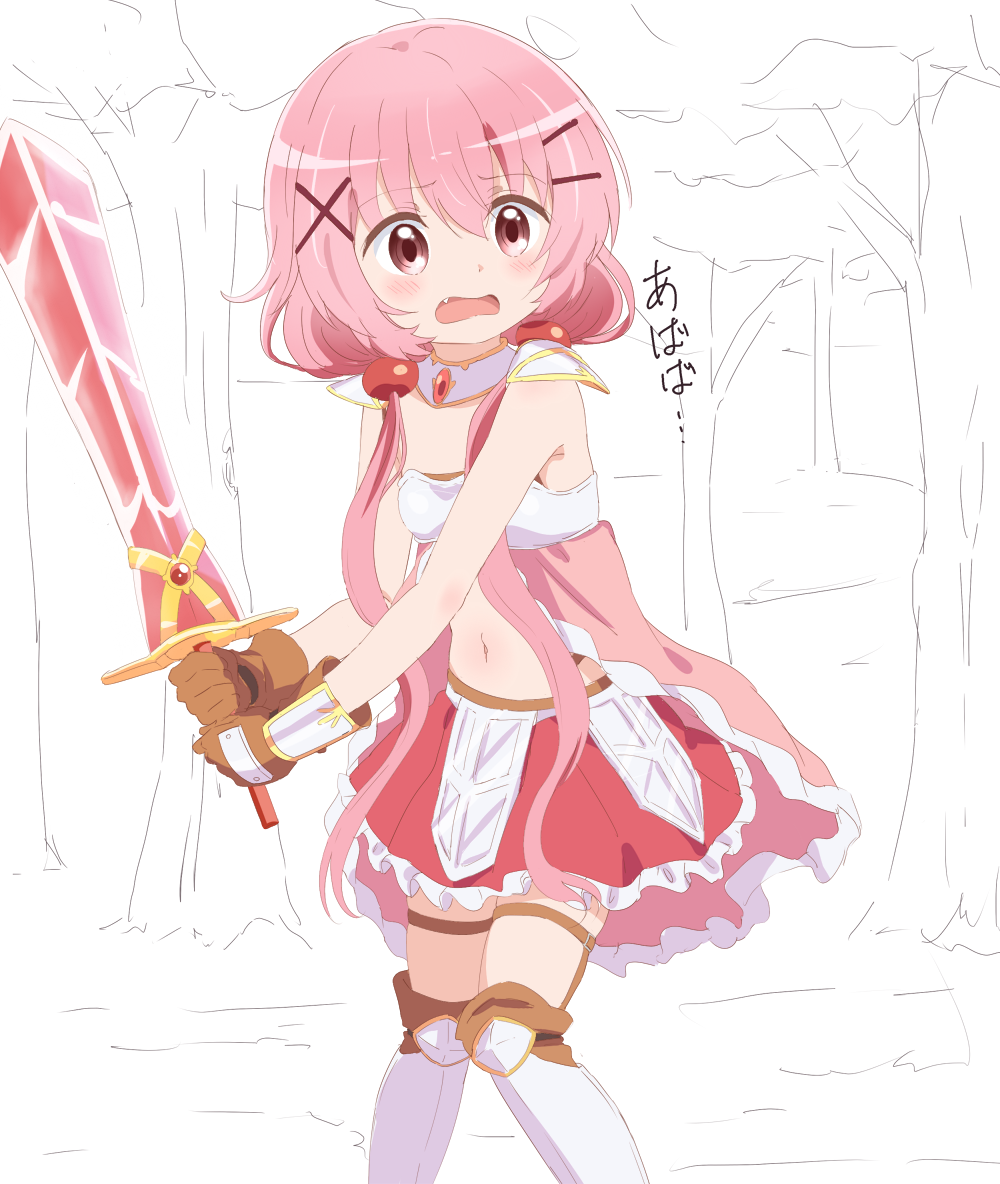 1girl, armored_boots, bangs, blush, boots, brown_gloves, comic_girls, commentary_request