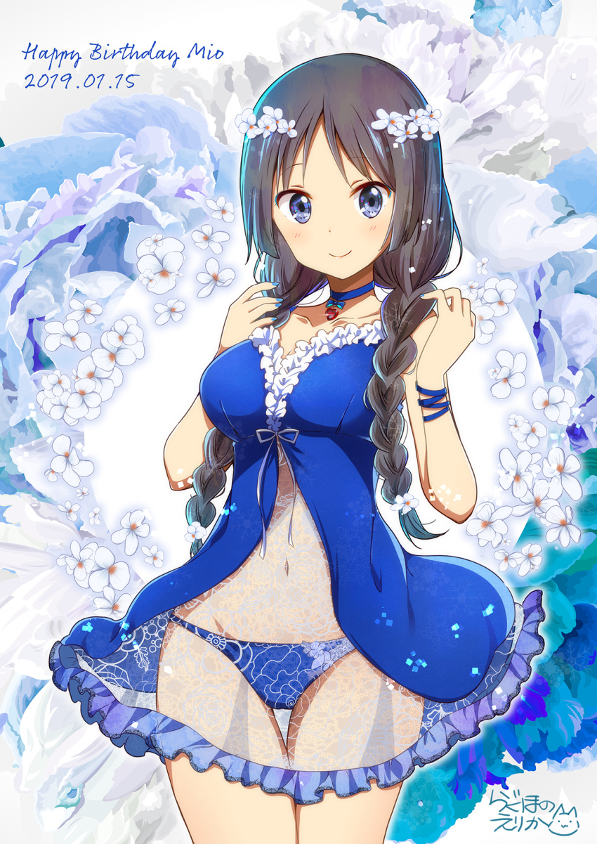 1girl, akiyama_mio, artist_name, babydoll, bangs, black_hair, blue_babydoll, blue_choker, blue_eyes, blue_nails, blue_panties, blush, braid, breasts, character_name, character_request, choker, cleavage, closed_mouth, collarbone, cowboy_shot, dated, eyebrows_visible_through_hair, floral_background, flower, glint, hair_flower, hair_ornament, hands_up, happy_birthday, heart, highres, jewelry, k-on!, long_hair, looking_at_viewer, medium_breasts, nail_polish, navel, panties, parted_bangs, pendant, ragho_no_erika, revision, signature, smile, solo, stomach, tareme, thigh_gap, thighs, twin_braids, underwear, underwear_only, white_flower, wristband