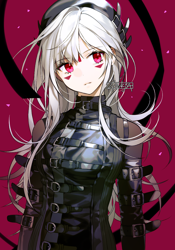 1girl, arms_at_sides, artist_name, bangs, belt, black_gloves, black_hat, black_shirt, bodysuit, breasts, closed_mouth, elbow_gloves, expressionless, eyebrows_visible_through_hair, facial_mark, floating_hair, gloves, hat, head_tilt, latex, long_hair, looking_at_viewer, medium_breasts, original, pink_eyes, purple_background, shirt, sidelocks, solo, sukja, too_many, too_many_belts, upper_body, white_hair