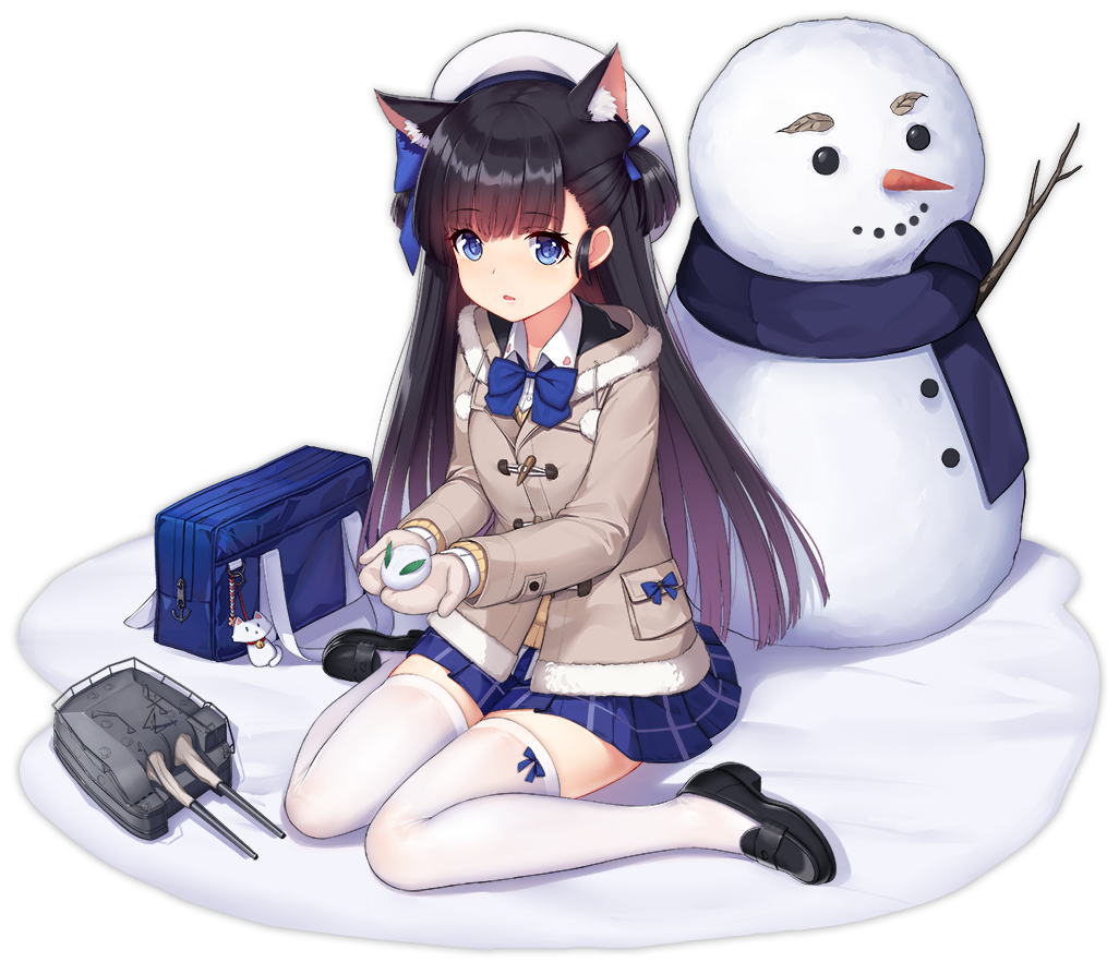 1girl, :d, allenes, animal_ear_fluff, animal_ears, azur_lane, bag, bag_charm, bangs, black_footwear, blue_bow, blue_eyes, blue_skirt, blush, bow, brown_hair, brown_jacket, brown_mittens, cannon, cat_ears, charm_(object), closed_mouth, collared_shirt, eyebrows_visible_through_hair, hatsuharu_(azur_lane), headset, holding, jacket, loafers, long_hair, long_sleeves, looking_at_viewer, mittens, official_art, open_mouth, parted_lips, pleated_skirt, school_bag, shirt, shoes, sitting, skirt, smile, snow, snow_bunny, snowman, solo, thigh-highs, transparent_background, turret, very_long_hair, wariza, white_legwear, white_shirt