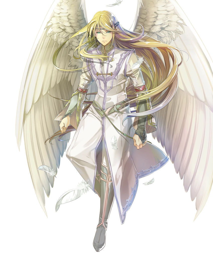 1boy, belt, blonde_hair, boots, circlet, feathered_wings, feathers, fire_emblem