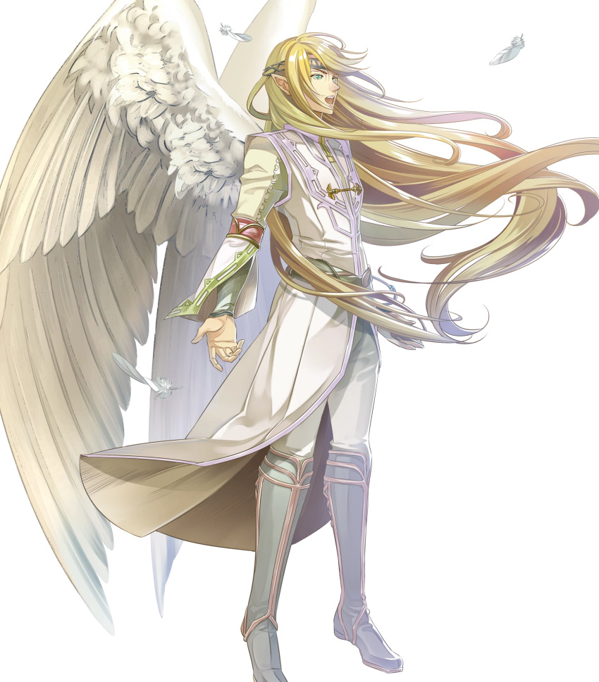1boy, belt, blonde_hair, boots, circlet, feathered_wings, feathers, fire_emblem