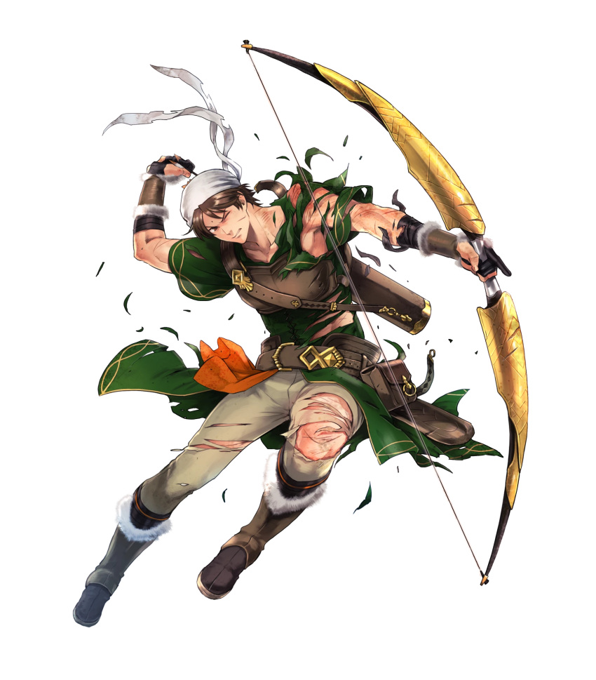 1boy, arrow, bandanna, belt, boots, bow_(weapon), brown_hair, facial_mark