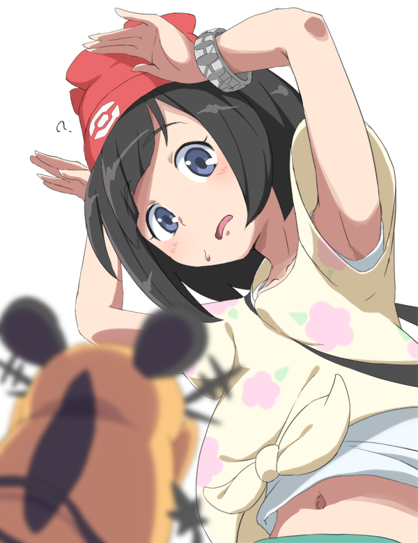 1girl, ?, armpits, beanie, black_hair, blue_eyes, blush, bubukka
