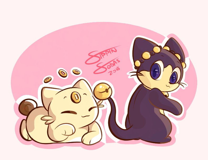 2018, aipom, aipom_(beta), baby_pokemon, beta_pokemon, black_cat, cat, closed_eyes, closed_mouth, coin, creature, creatures_(company), full_body, game_freak, koonya, meowsy, morgan_mackenzie, nintendo, no_humans, pink_background, pokemon, pokemon_(creature), pokemon_(game), pokemon_gsc, pokemon_gsc_beta, ringring_(pokemon), signature, violet_eyes, white_cat